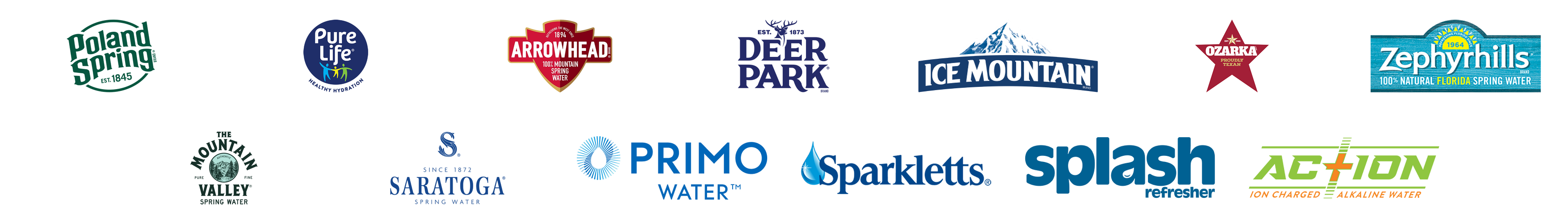 The Primo Brands portfolio: Poland Spring, Pure Life, Arrowhead, Deer Park, Ice Mountain, Ozarka, Zephyrhills, Mountain Valley, Saratoga, Primo Water, Sparkletts, Splash, and AC+ION