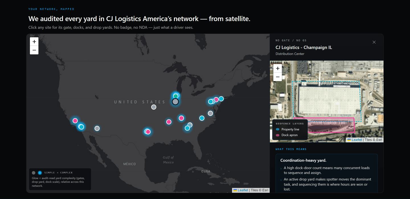 Live YardFlow network map of the CJ Logistics America network