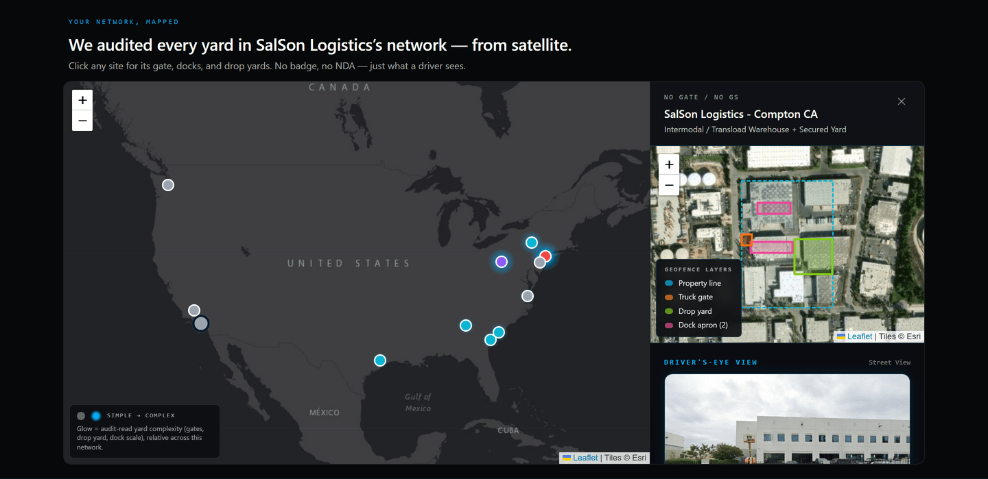 Live YardFlow network map of the SalSon Logistics network