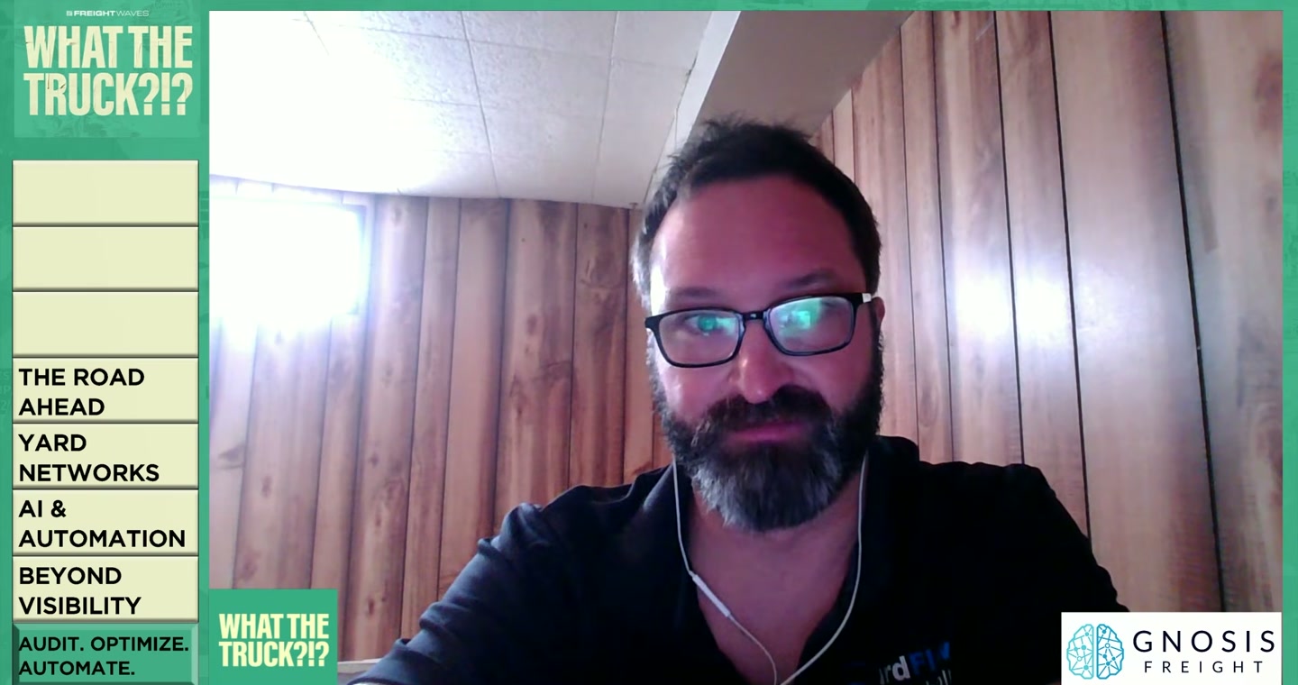 Casey Larkin on WHAT THE TRUCK?!?, the show's YARD NETWORKS / AUDIT OPTIMIZE AUTOMATE sidebar behind him